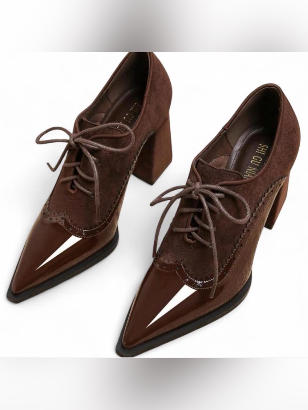 NIB EURO |SZ 41 US 9| Vintage Brown Leather Chunky Oxford Pointed Toe Heel Shoes - Picture 2 of 6